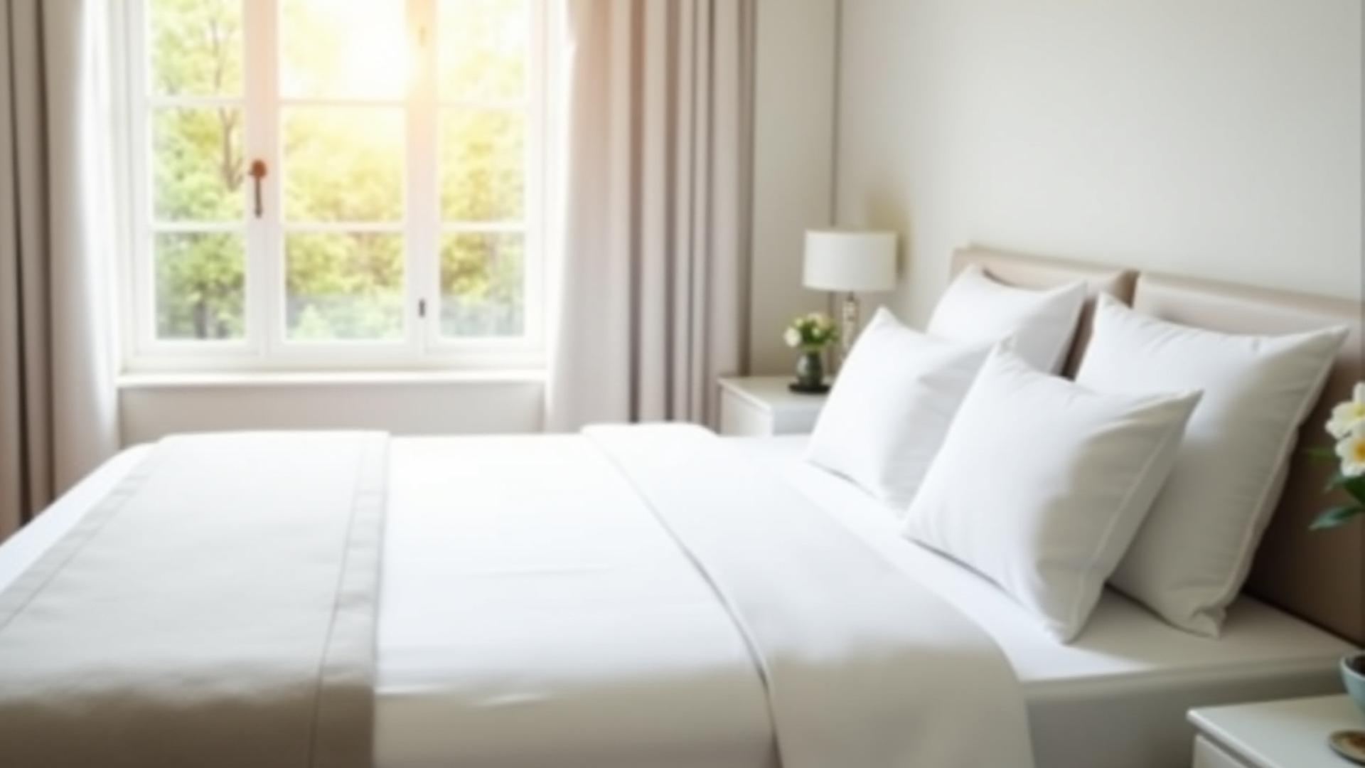 Immaculately clean and well-lit short-term rental bedroom, with white linens and subtle decorative elements, sunlight streaming in.