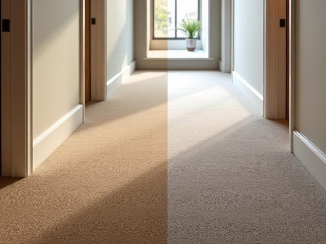 Before and after of a high-traffic hallway carpet rejuvenated, showing a significant improvement in cleanliness and colour.