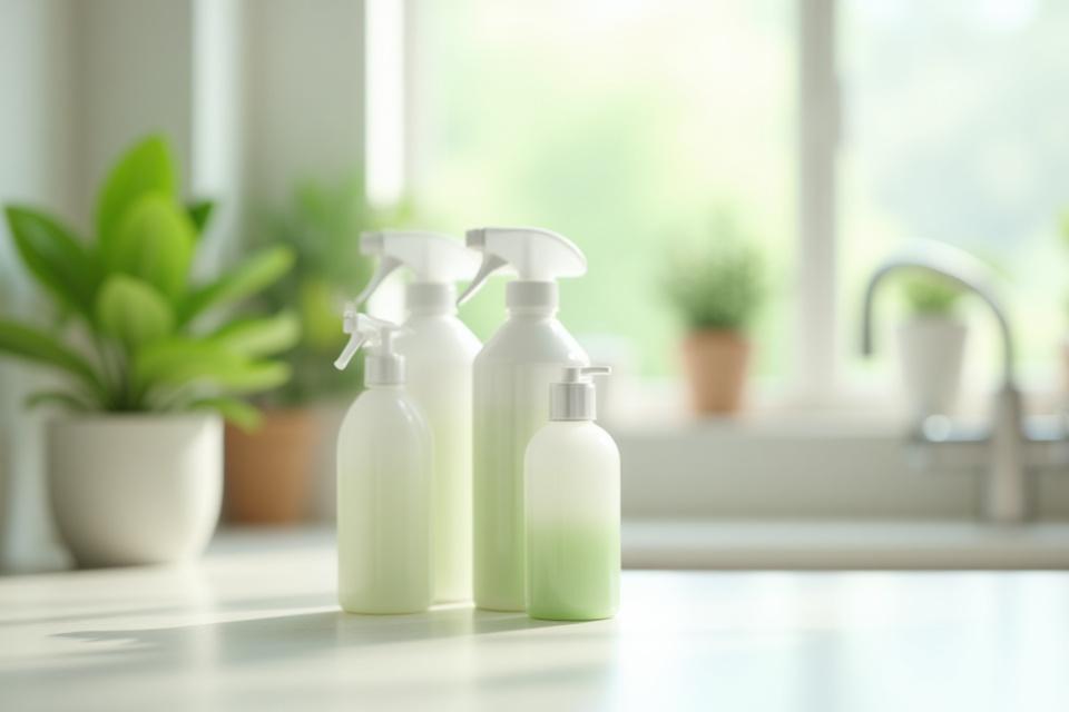 Eco-friendly cleaning products on a sparkling kitchen counter with green plants in the background, promoting a healthy environment.