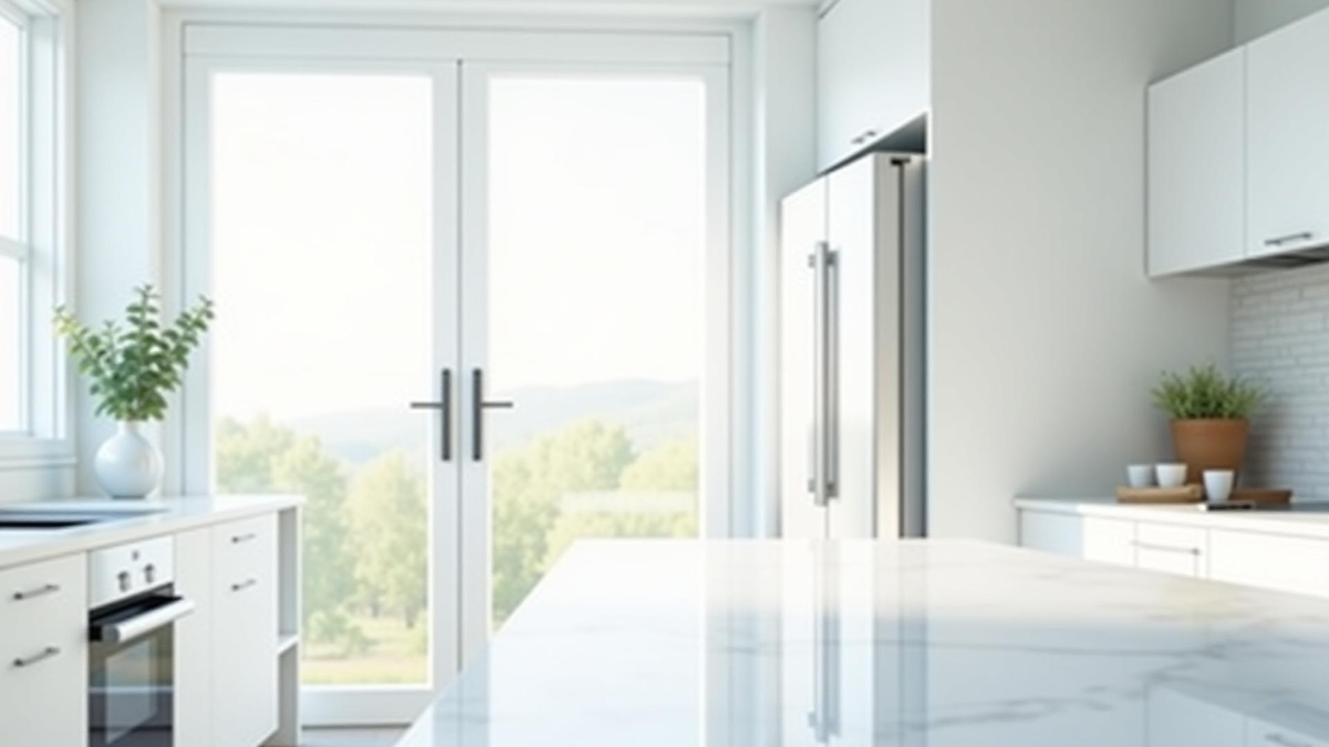 Pristine, sparkling clean modern kitchen interior with bright sunlight streaming through a window, showcasing cleanliness and fresh ambiance.