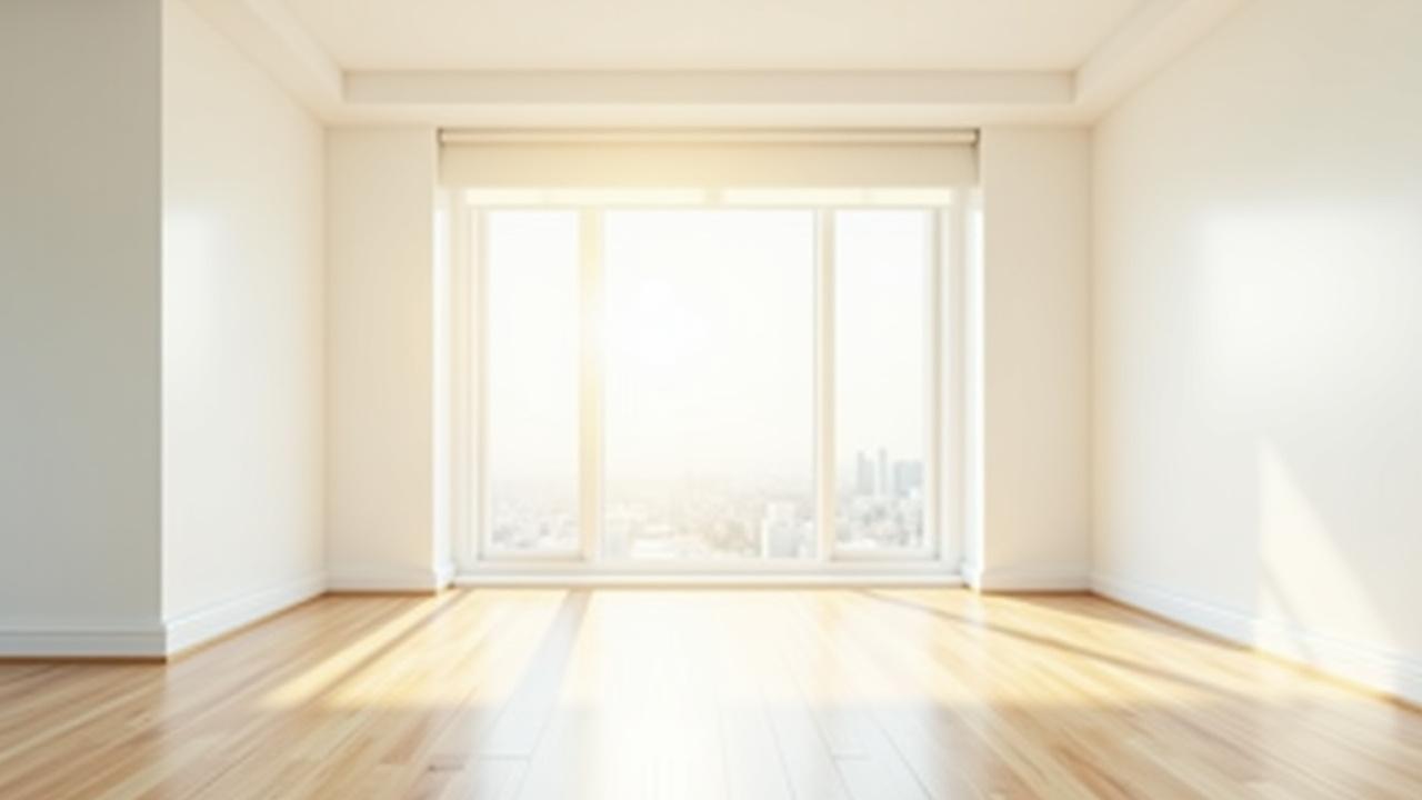 Spotless empty living room, sunlight streaming through, highlighting pristine floors and fresh walls, ready for new occupants.