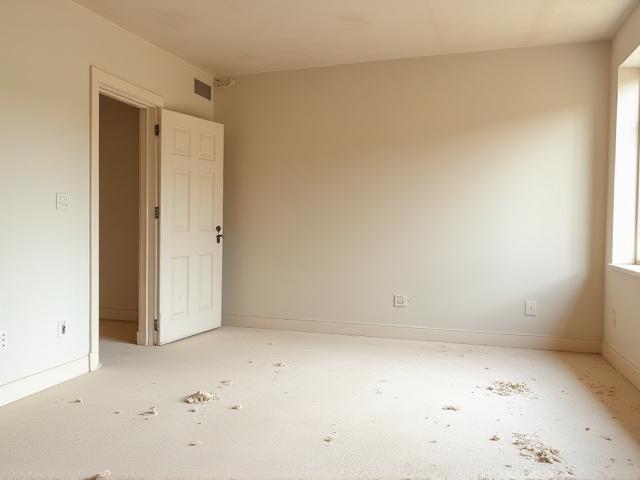 Interior of a newly constructed room, covered in a thick layer of fine construction dust and debris